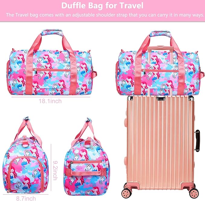 Gym Travel Duffle Bag for Girls - Gymnastics Sports Dance Bag with Shoe Compartment & Wet Pocket Mermaid Kids Travel Bag Teens Weekender Sleepover Carry On Bag