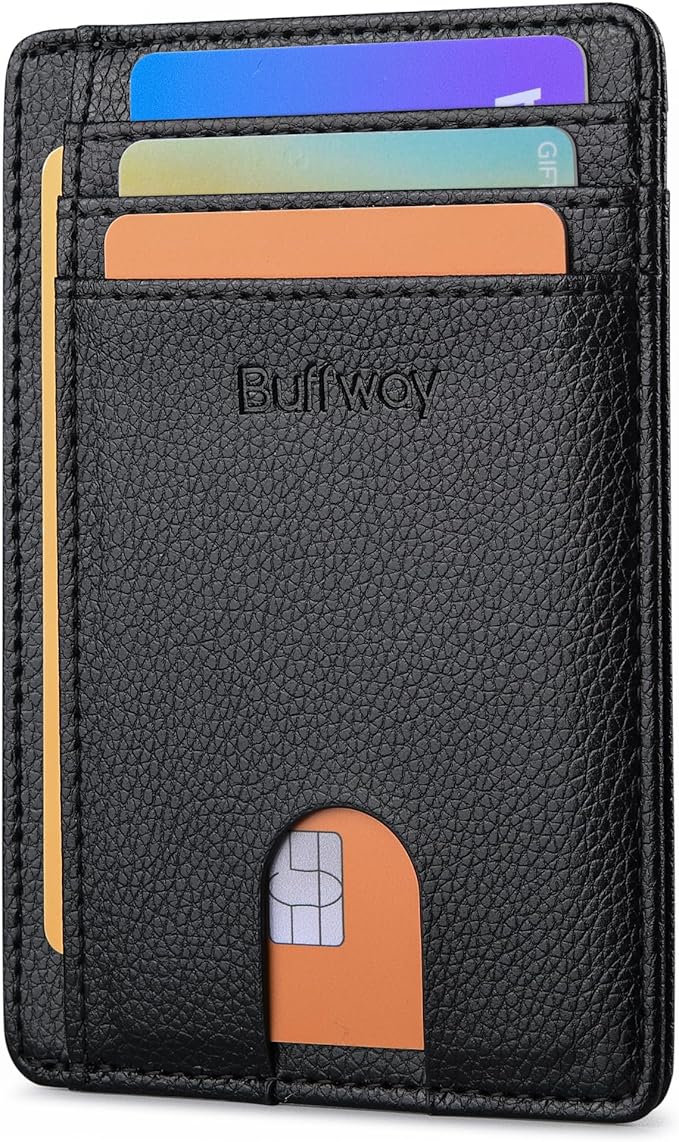 Buffway Slim Minimalist Front Pocket RFID Blocking Leather Wallets for Men and Women - Lichee Black