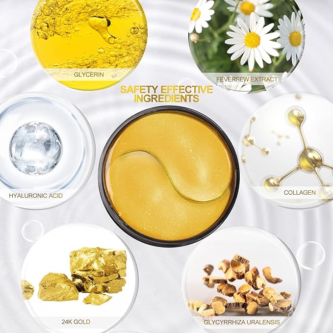 Fivewan 24k Gold Under Eye Patches - 60 Pcs Eye Mask Pure Gold Anti-Aging Collagen Hyaluronic Acid Under Eye Mask for Removing Dark Circles, Puffiness & Wrinkles Refresh Your Skin