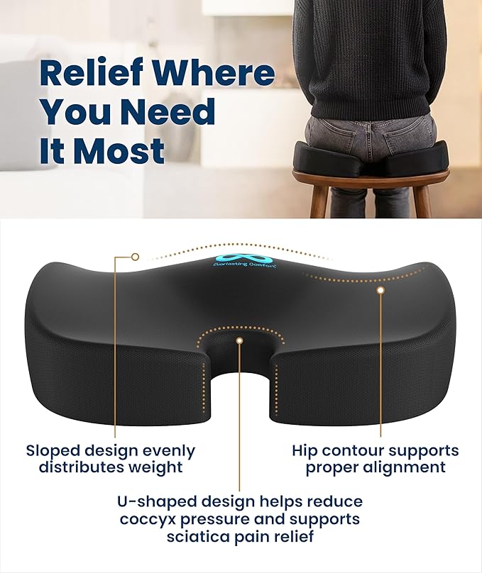 Everlasting Comfort Doctor Recommended Memory Foam Seat Cushion for Office Chairs & Car - Ergonomic Office Desk Accessories - Cushions for Tailbone Pain Relief, Sciatica (Black, Large)