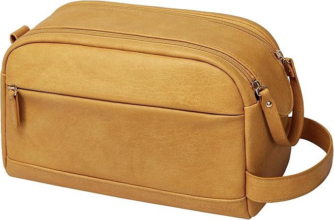 PU Leather Toiletry Bag for Men - Water Resistant Travel Bag for Toiletries, Bathroom Essentials, Accessories - Yellow