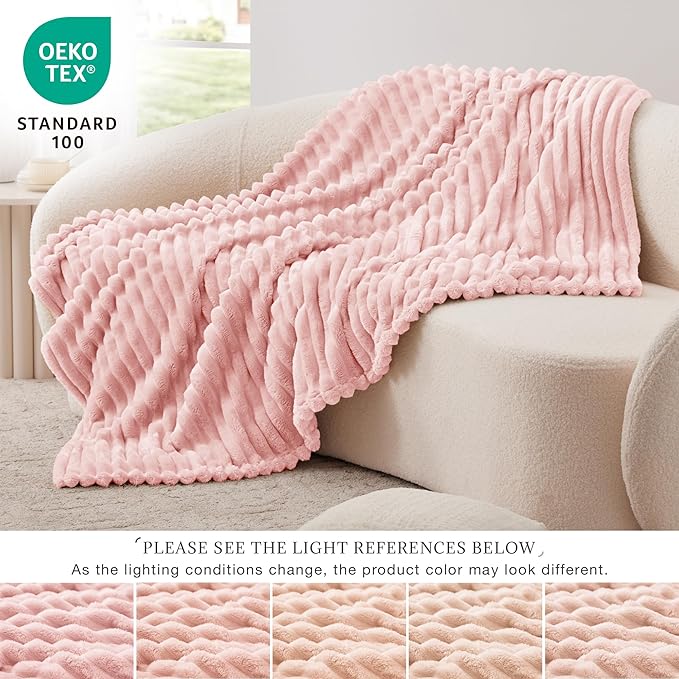 EXQ Home Fleece Throw Blanket for Couch or Bed - 3D Stripe Jacquard Decorative Blankets - Cozy Soft Lightweight Fuzzy Flannel Blanket Suitable for All Seasons(50"×60",Pink)
