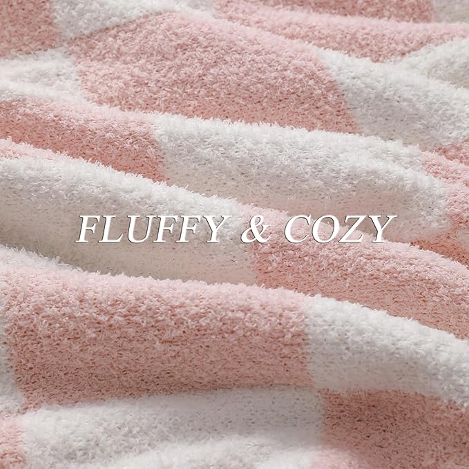 bearberry Fuzzy Checkerboard Grid Throw Blanket Knitted Soft Cozy Warm Microfiber Blanket Decor for Couch Sofa Bed Travel Home (Pink, 40''x50'')