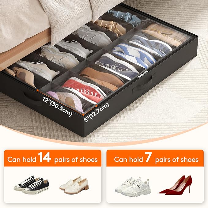 Lifewit Under Bed Shoe Storage Organizer 4 Pack(14 Pairs), 4.3" Tall Fabric Shoes Container Box, Foldable Closet Shoe Bag with 2 Reinforced Handles and Clear Cover, Black