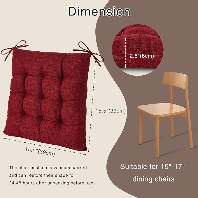 OVOV 4 Pack Chair Cushions for Dining Chairs Soft Seat Cushions for Kitchen Desk Chairs Square Chair Pads with Ties (15.5"x15.5" Deep Crimson)
