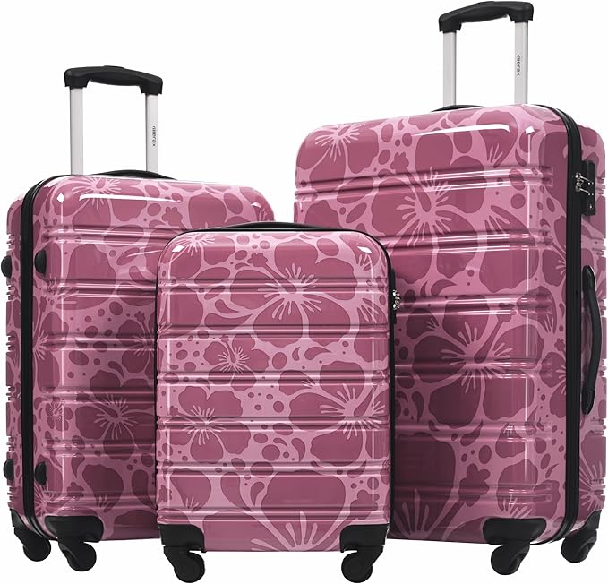 Merax Luggage Sets 3 Piece, Hardside Suitcase Set with Spinner Wheels, Lightweight 20+24+28 IN Suitcase with Carry on Luggage, Purple Pink