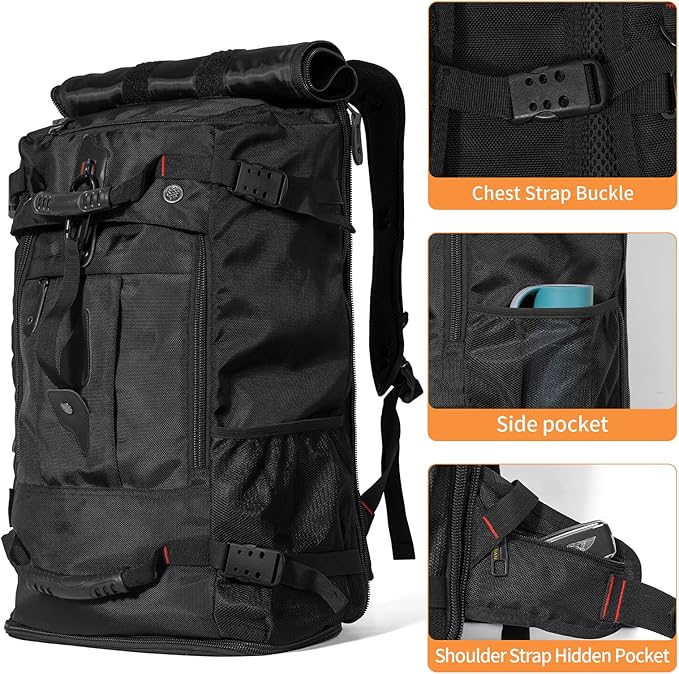 Large Capacity For Travel Hiking Sports Carry On Backpack Durable Convertible Duffle Bag Laptop airplane (BLack, 45L-Normal)