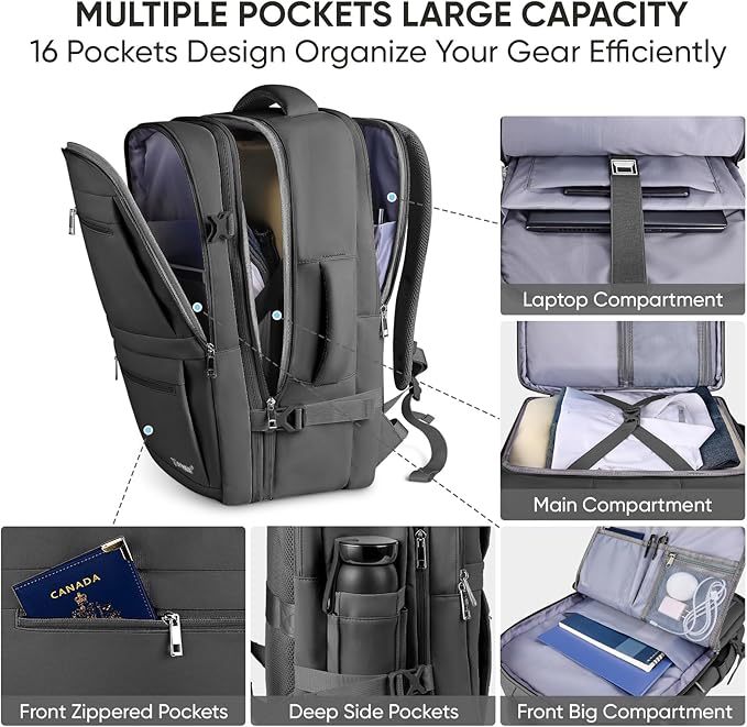 BALEINE Travel Backpack for Women Men, Large Sturdy Carry On Laptop Backpack Gifts for Business, Casual, Weekender, Hiking (XL, Black)