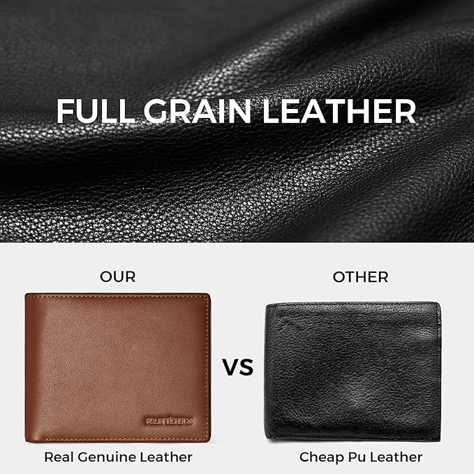 RUNBOX Leather Wallet for Men, Genuine Leather Mens Wallet Bifold Rfid Blocking with 12 Cards and 2 ID Windows, Minimalist Wallet for Men with Gift Box