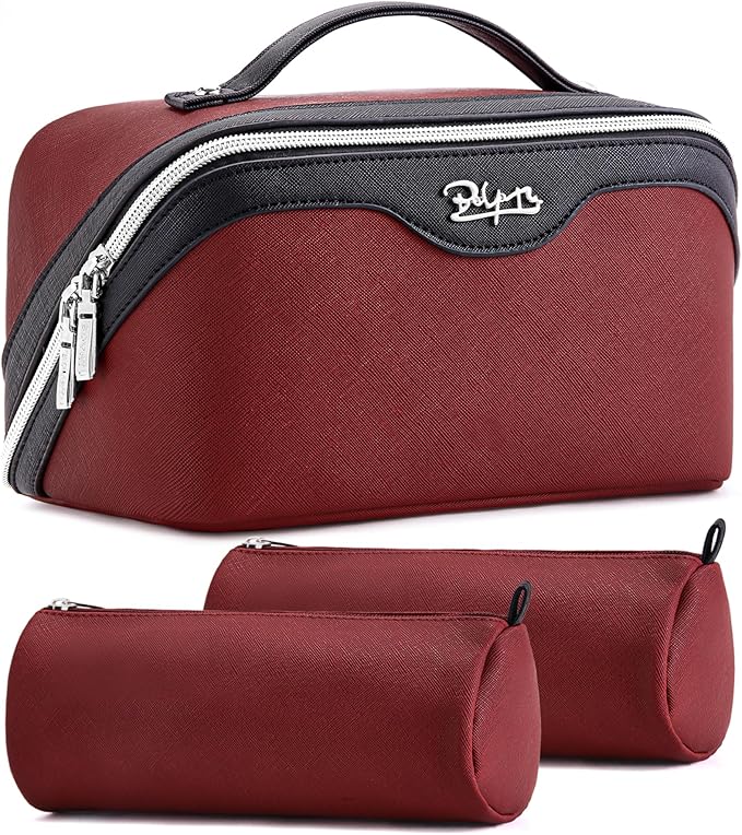 BOYATU Travel Makeup Bag Organizer Cosmetic Bag: 3 Pcs Set Make up Bags for Women with Handle - Waterproof Vegan Leather Toiletry Bags Travel Essentials Pouch with Compartments (A-04-Red)