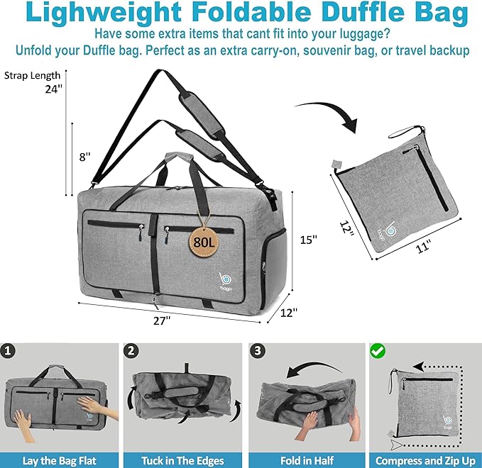 Bago Large Duffle Bag for Travel Women & Men. Durable Lightweight Foldable Travel Duffel Bags For Traveling Women. 80L Duffle Bags For Overnight Bag With Shoe Compartment Collapsible Weekender duffel