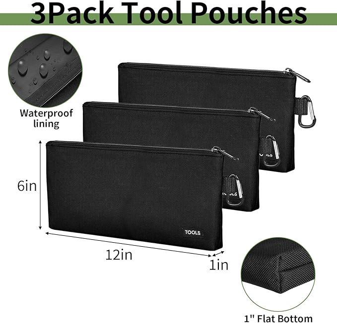 3 Pack Premium Tool Pouches Zipper Bag, Small Tools Bags with Carabiner, Heavy Duty Flat Bottom Utility Multipurpose Storage Organizer Bag for Tool, Stationary, Pencil