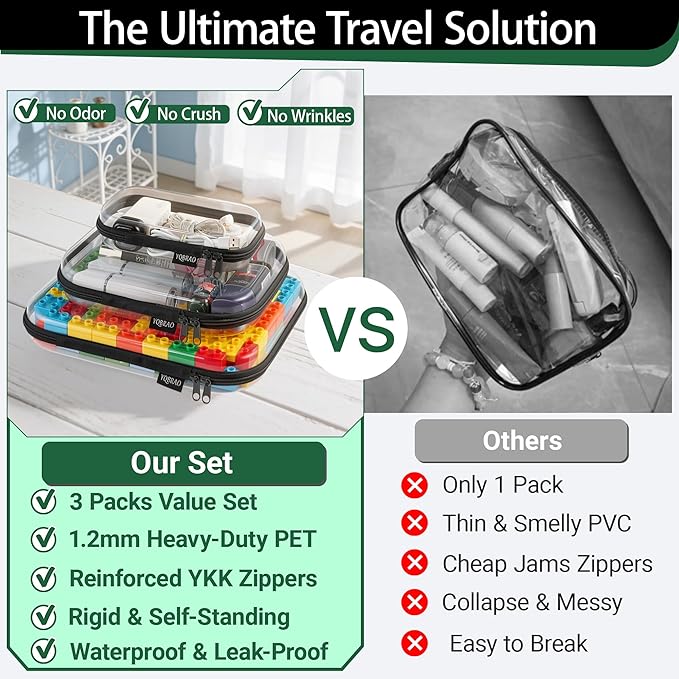 YQBRAO Hard Sided Clear Zipper Case for Storage- Professional-Grade Plastic Clear Zipper Pencil Case,Toy Storage Bins, Toiletry Pouch, Travel Organizer, Cosmetic Bag（Black,3 Pack, LMS）