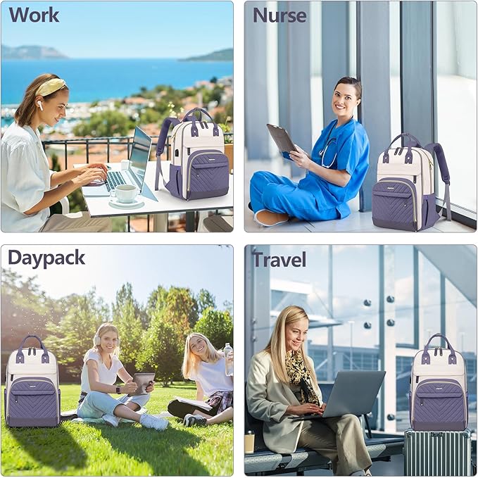 Laptop Backpack for Women Work Bag - 15.6 inch Travel Backpack Purse with USB Charger College Bookbag Waterproof Cute Casual Daypack Business Computer Backpacks for Teacher Nurse Beige Light Purple