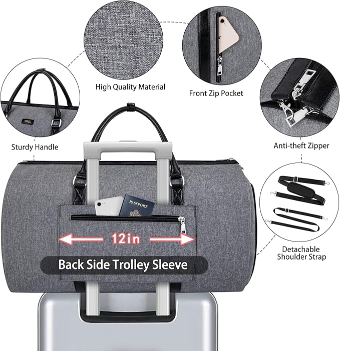 Convertible 2-in-1 Garment Bags for Travel, 50L Carry On Garment Duffle Bag With Shoe Compartment Large Weekender Bag for Women Men Hanging Suitcase Suit Travel Duffel Overnight Bags