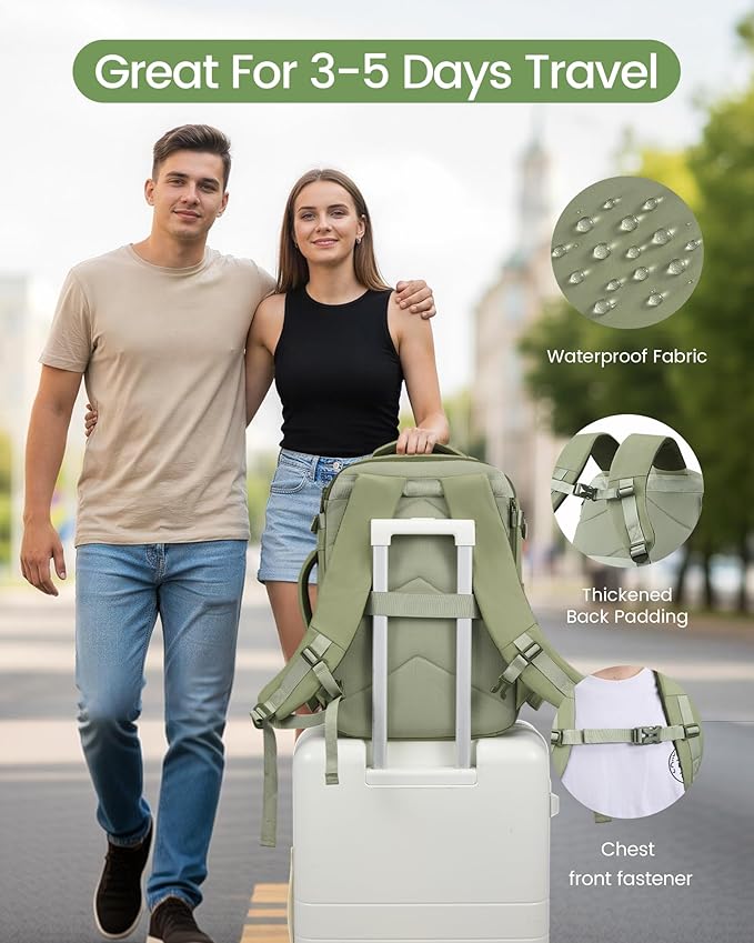 LOVEVOOK 50L Travel Backpack for Women & Men, Airline Approved Carry On Backpack, TSA Personal Item Bag fits 18.0 Inch Laptop, Waterproof Weekender Overnight Bags Suitcase for Work, Light Green