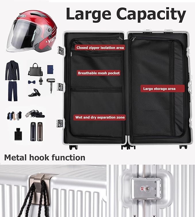 feilario 30in Super Large Captain Aluminum Frame Hardside Spinner Wheels Luggage, Removable Wheels Zipperless Checked Suitcase with Cup Holder/Phone Holder (Silver,30in)