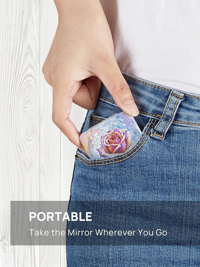 OMIRO 1X/3X Magnifying Mirror, Unique Painting Compact Mirror with Classical PU Leather, 2.4" W x 3.4" L (Pink Rose)