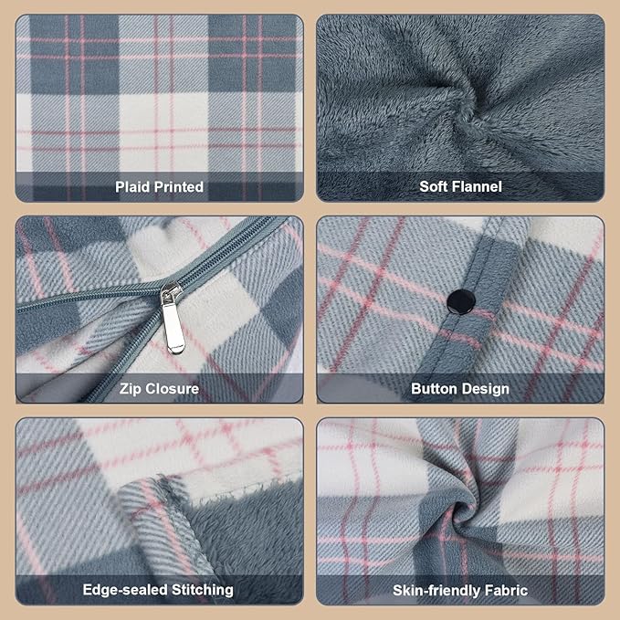 forestfish Wearable Blanket Compact Pillow 2-in-1, Lap Blanket Poncho with Button Plaid Throw Cushion for Home Office Sofa