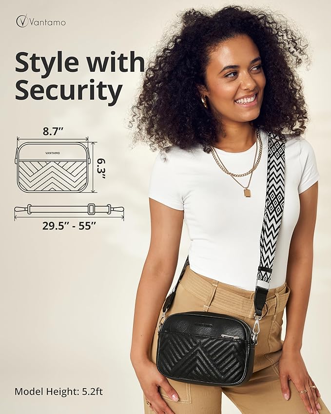 Vantamo Premium Quilted Crossbody Bags for Women with Anti-Pickpocket Clip, Vegan Leather Handbags, Travel Purses for Women
