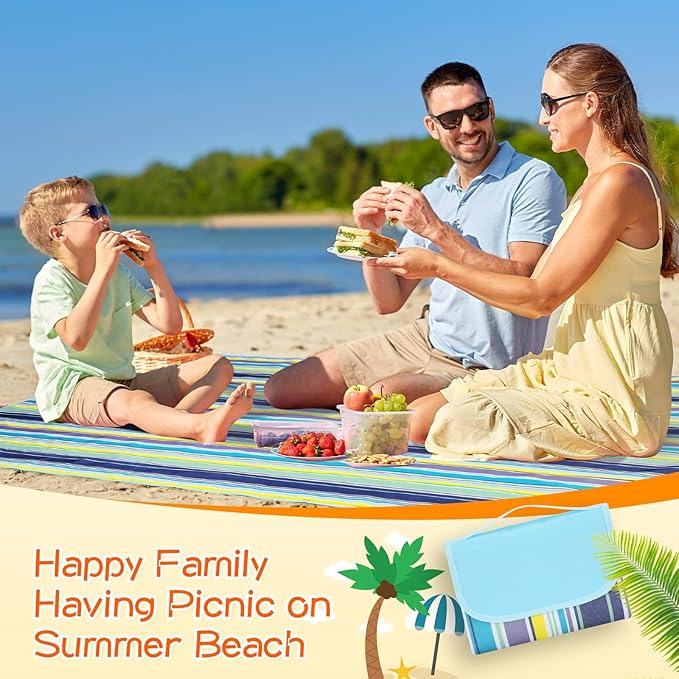 Shellwei 6 Pcs Beach Blankets Waterproof Sandproof Extra Large 80 x 60 Inch Outdoor Picnic Blankets Foldable Portable Beach Mat Tote Travel Supplies for Camping Park Grass(Blue Stripes)