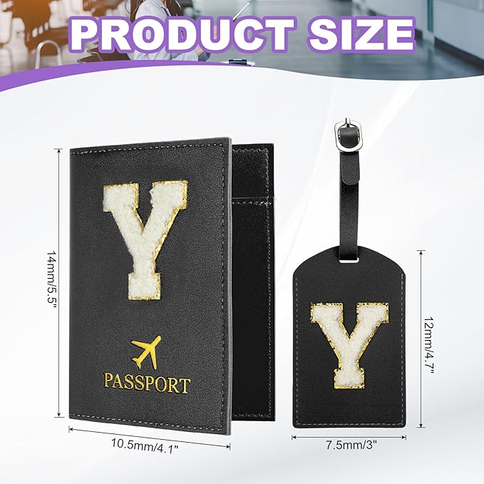 PATIKIL Passport Holder for Travel, Initial Passport Cover and Luggage Tag Set with Alphabet Chenille Letter Patch Travel Wallet Bag Suitcase Identifier for Women Family Travel Black Y