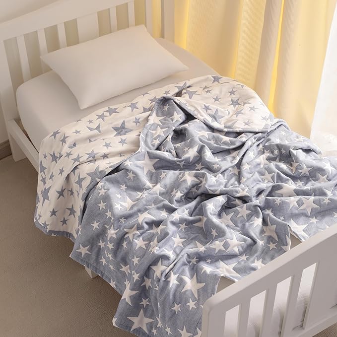 NTBAY 3 Layer Oversized Muslin Cotton Toddler Blanket, 45x60 Inches Jacquard Reversible Nursery Bed Blanket, Super Soft and Thermal Crib Blanket for All Seasons, Baby Gift, 45"x60", Blue/White Star