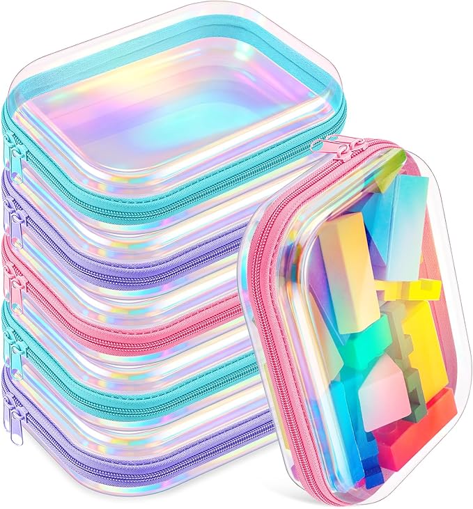 Sanwuta 6 Pcs Clear Hard Zipper Case Plastic Zipper Pouches Transparent Makeup Bag Pencil Case Pouches Toiletry Diaper Bag for Travel Toy Storage Organizer Bins(Holographic,7.87 x 5.9 x 2 Inch)