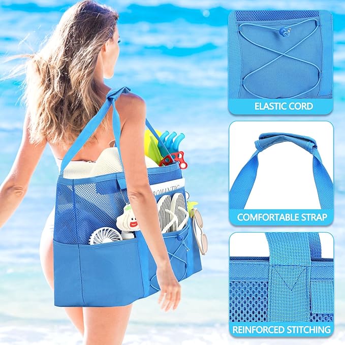 Fammart Mesh Beach Bag, Large Beach Tote with Zipper Pocket, Toys Pool Bag for Family Travel Vacation Cruise Essentials