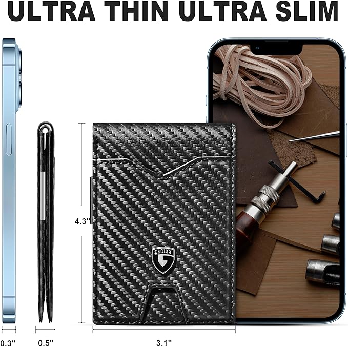 GSOIAX Slim Wallet for Men Rfid Blocking Leather Bifold Front Pocket Carbon Fiber Credit Card Holder Novelty Wallets With Gift Box (Carbon-money clip)