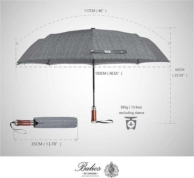 Balios (Designed in UK) Travel Umbrella Luxurious Golden Hardwood Handle Auto Open & Close Windproof Frame Single Canopy Automatic Folding Umbrella Men's & Ladies