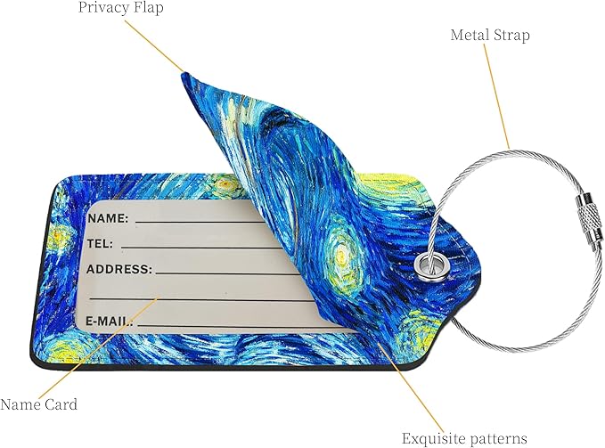 2 Pcs Luggage Tags for Suitcase, Cute Unique PU Leather Travel Bag Tag with Privacy Cover ID Label Address Card and Durable Metal Ring Suitable for Men Women Children Backpack,Starry Sky