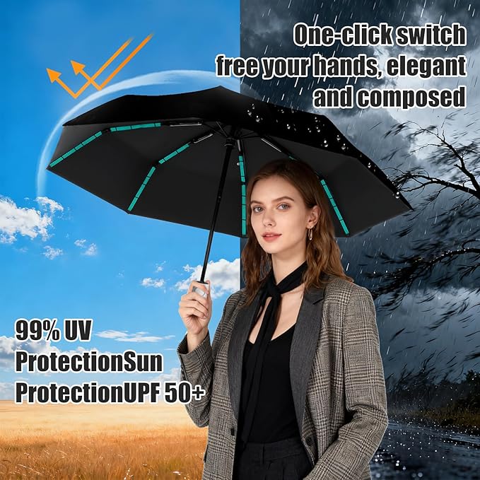 Compact Automatic Folding Travel Umbrella-Windproof Rainproof, PF50+ Sun Protection for Hiking,Outdoor,Chool,Golf Course & Daily Use,Sturdy Multi-Ribbed Frame