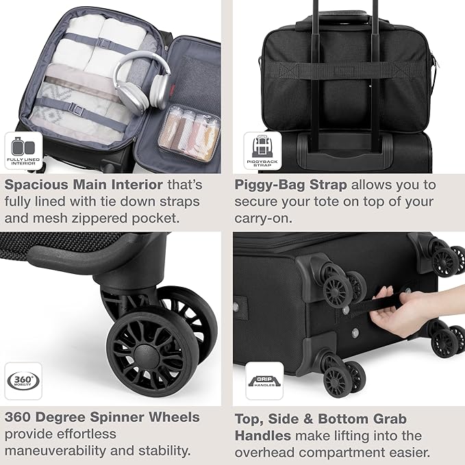 U.S. Traveler Rio Lightweight Softside Rolling Carry-on Suitcase, 4-Wheel Single, Black