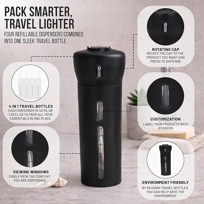 Travigo 4-in-1 Travel Dispenser Bottle Set, TSA Approved, Leak Proof, Reusable 1.4 oz. (40 mL) Toiletry Containers for Shampoo, Conditioner, Soap, Lotion, Skincare (2 Pack, Black & Pink)