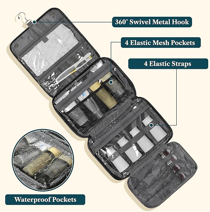 PAVILIA Hanging Toiletry Bag Women Men, Foldable Cosmetic Organizer Travel Bag, Water Resistant Makeup Bag Toiletries, Large Travel Essentials Kit (Black)