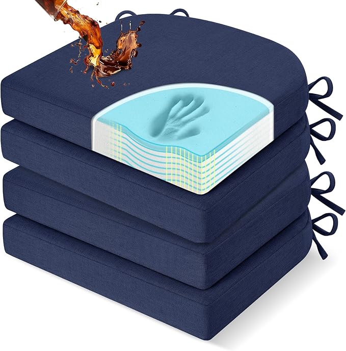 downluxe Chair Cushions for Dining Chairs, Memory Foam Linen Kitchen Chair Pads with Ties, Waterproof, Stain-Resistant and Washable Cover, 17" x 16" x 2.5", Blue, 4 Pack