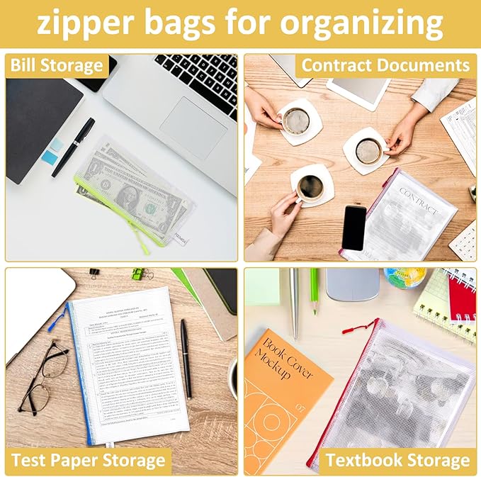 24pcs Mesh Zipper Pouch Bags A4 Zipper Bags for Classroom Organization, Waterproof Document Zipper Pouches for Cosmetics, Travel Storage File Bags for Office Supplie (Multicolored-8sizes 24PCS)