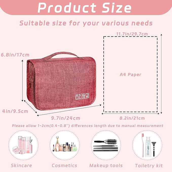 Toiletry Bag Travel Bag with Hanging Hook, Waterproof Capacity Hanging Multifunctional Makeup Bag for Toiletries, Portable Cosmetic Bag Travel Organizer for Women and Men (Red)