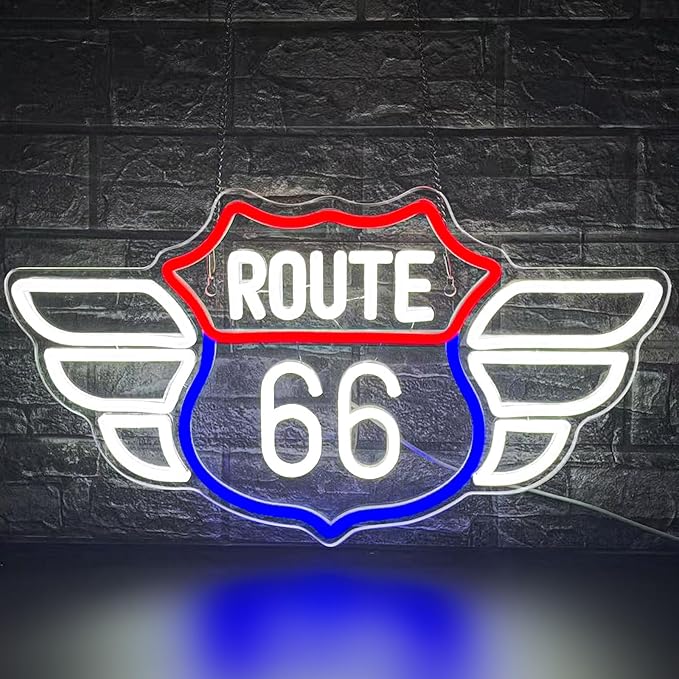 Route 66 Neon Sign Vintage Route 66 Garage Wall Decor Dimmable Us High Way Led 66 Road Sign for Man Cave Garage Neon Lights for Bedroom Party Gift