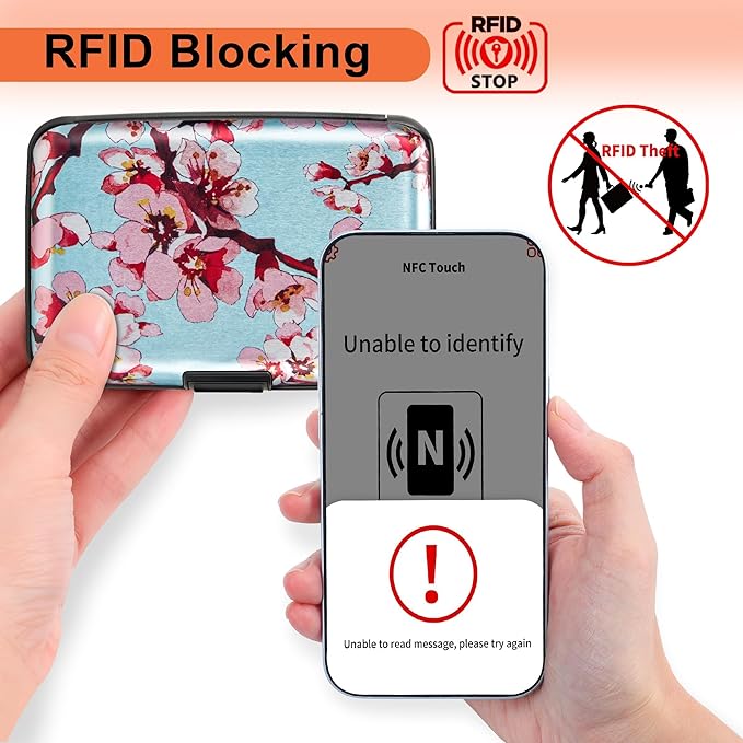Mayski Credit Card Holder, RFID Blocking, Aluminum Alloy Hard Case, Small Mini Business Metal Wallet for Women Men, Peach Blossom