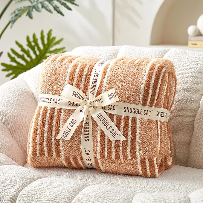 Snuggle Sac Checkered Orange Throw Blanket for Fall,Super Soft Reversible Cozy Warm Blanket for Couch Sofa Bedroom,Cute Lightweight Striped Throws for Women,Heather Orange,60x80 inches