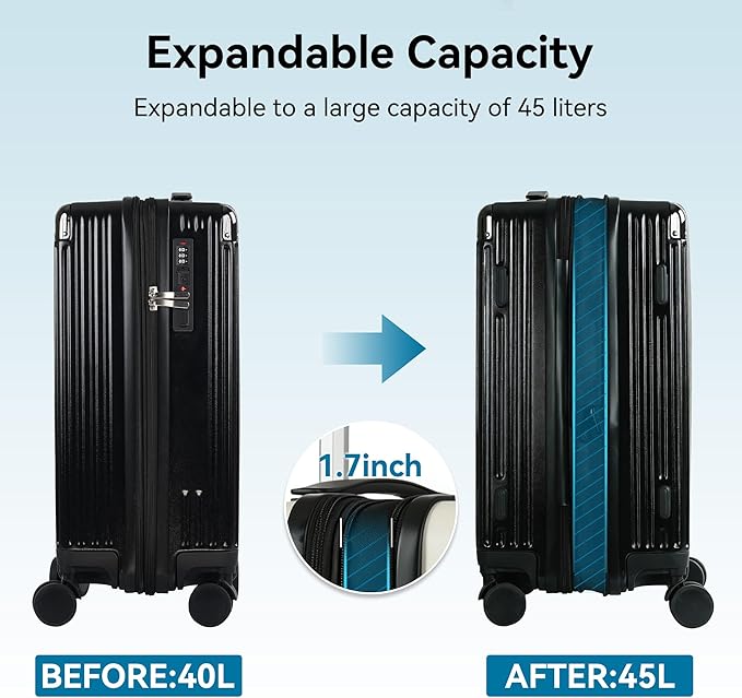 20 Inch Carry On Luggage with Spinner Wheels,PC Expandable Hard Shell Suitcase with USB Port,Lightweight Travel Luggage Airline Approved for Men Women (Black)