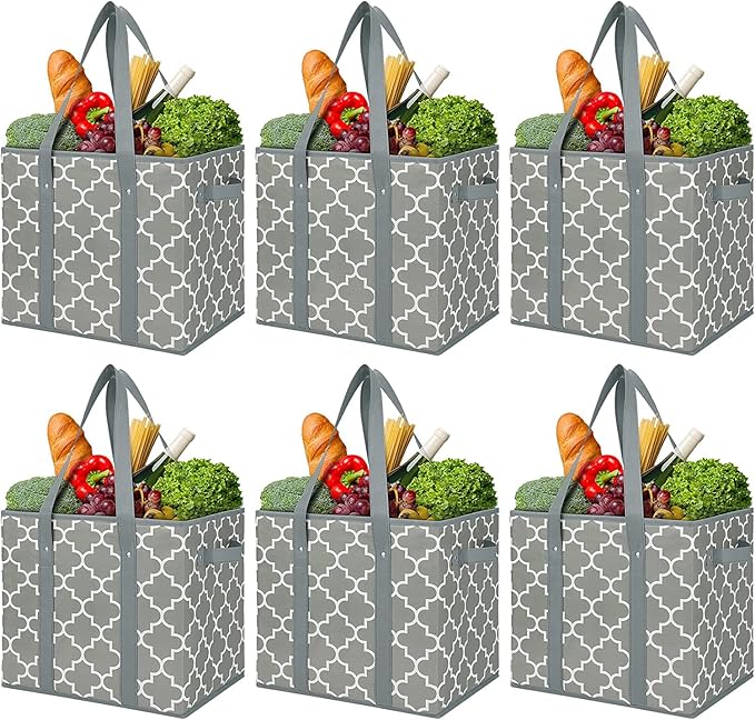 WISELIFE Reusable Grocery Bags 6-Pack Foldable Washable Storage Bins Basket Water Resistant Shopping Utility Tote Bag Grey