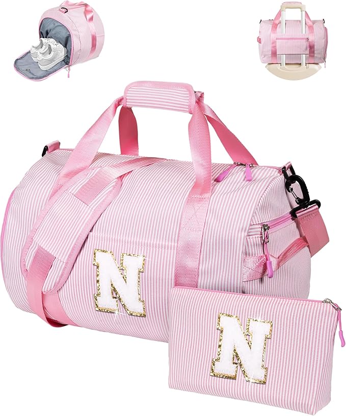 Gift for Teenage Girl, Girls Travel Duffle Bag, Kids Initial Overnight Bags with Shoe Compartment, Personalized Weekender Bag with Makeup Pouch, Dance Recital Gifts for Daughter (Letter N)