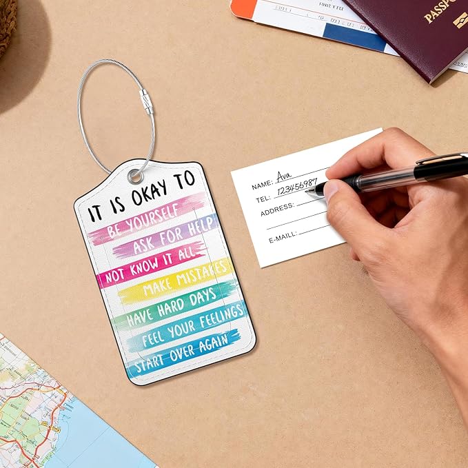 2 Pack PU Leather Luggage Tags for Suitcases, Privacy Protection Cover with Stainless Steel Loop and Address Card, Travel Cruise Essentials (It is Okay to)