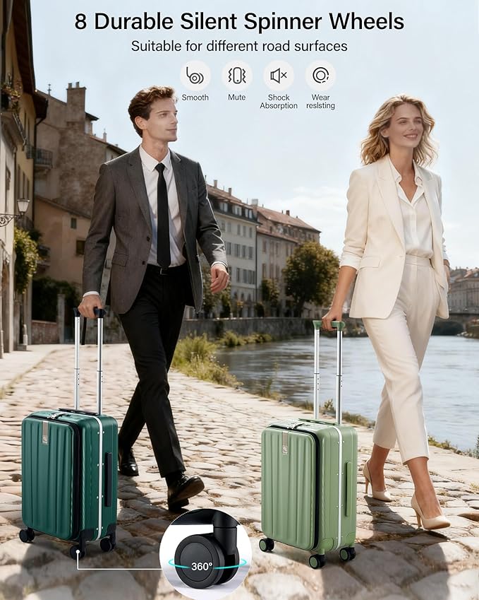 Hanke 20 Inch Carry-On Luggage with Wheels PC Hard Shell Suitcases Top Opening Aluminum Frame Travel Luggage Suitcases for Woman Men.(Bamboo Green)