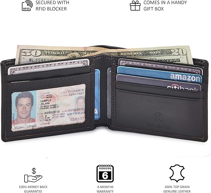Real Leather Mens Bifold Wallet RFID Blocking Slim Minimalist Front Pocket - Thin & Stylish with ID Window in Gift Box (Nappa, Dark Chocolate)
