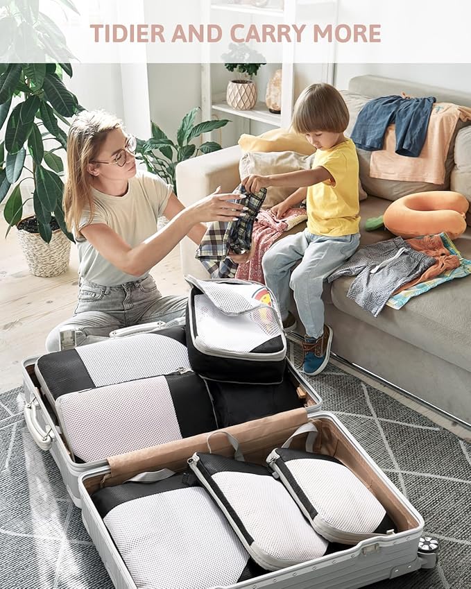 Meowoo 7 Set Compression Packing Cubes for Travel, Durable Ripstop Mesh Suitcase Organizer with Shoe Bag, Ultralight & Expandable Space Saver Travel Cubes