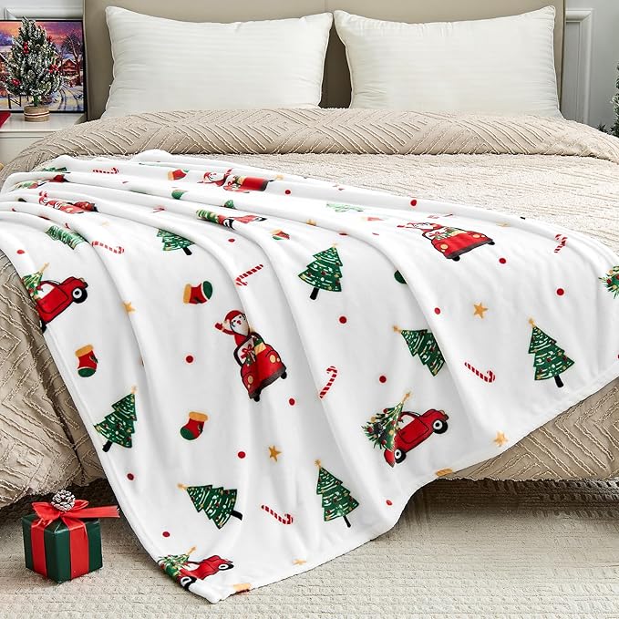 Christmas Blanket - White Holiday Throw with Santa Claus & Snowman - Warm Cozy Fleece Winter Blanket, 60x80 Inches，White